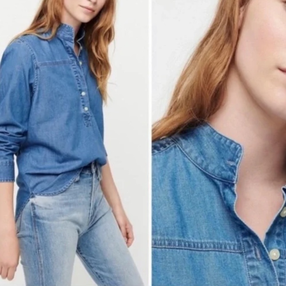J.Crew Band Collar Blue Chambray Denim Popover Shirt Style